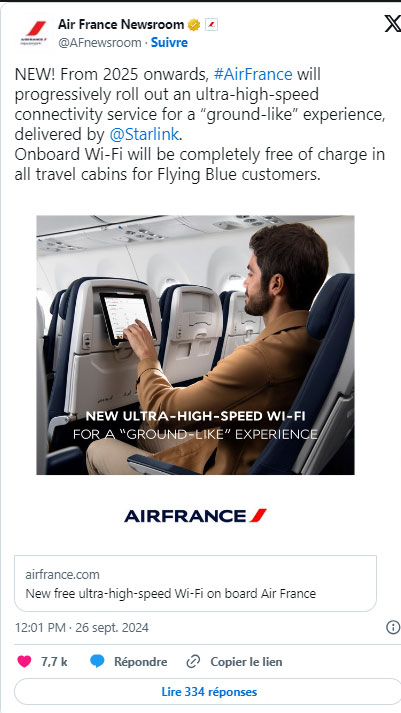 Air France : Wi-Fi haut débit gratuit dans ses vols commerciaux